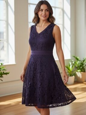 Merona Deep Purple  Floral Lace V-Neck Midi Dress Fit And Flare